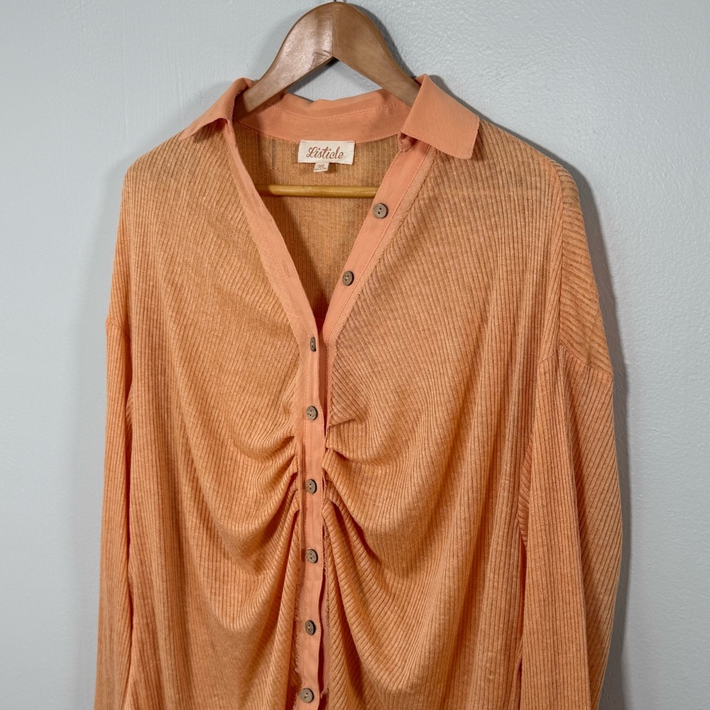 Listicle Sheer Ribbed Button Front Blouse Peach Size M Boho Flowy Sheer EUC